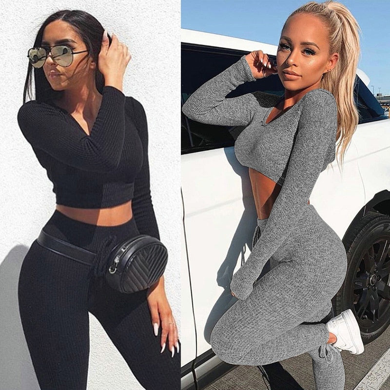 Sexy V Neck Knitted Tracksuit