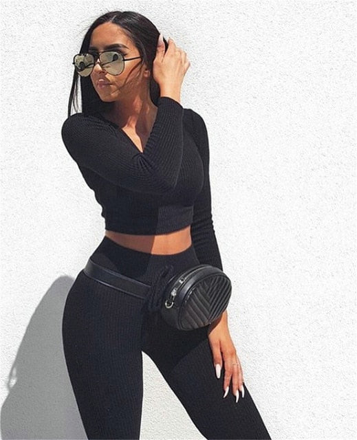 Sexy V Neck Knitted Tracksuit