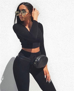 Sexy V Neck Knitted Tracksuit