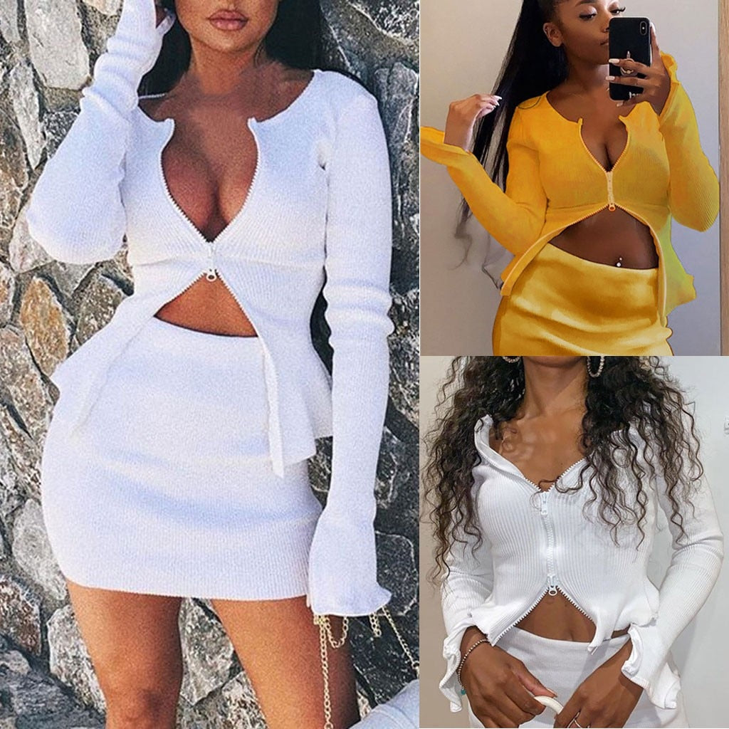 Winter 2 Piece Casual Double Zipper Skirt Suit