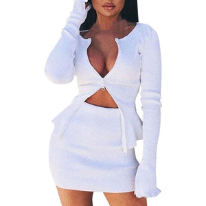 Winter 2 Piece Casual Double Zipper Skirt Suit